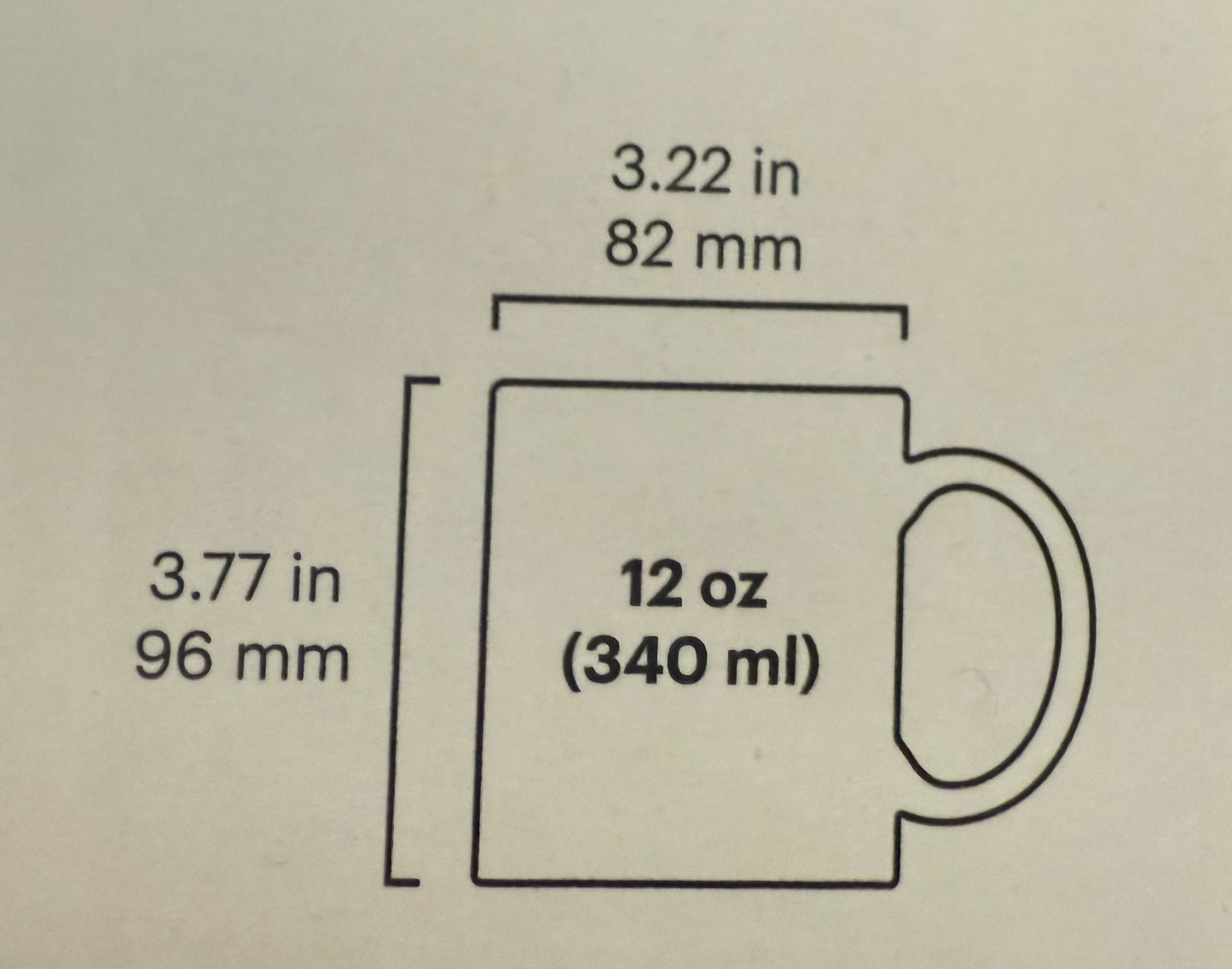 Measurement chart of a 12 oz mug with dimensions in inches and millimeters
