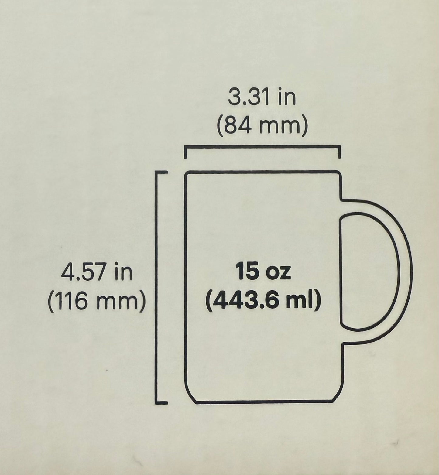 Measurement chart of a 15 oz mug with dimensions in inches and millimeters