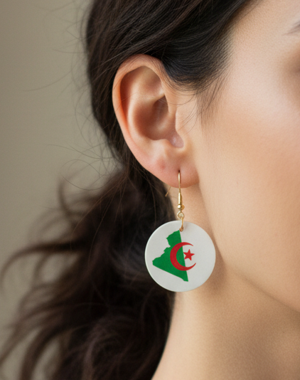 Woman wearing an earring with a Algeria map design. Roxzell