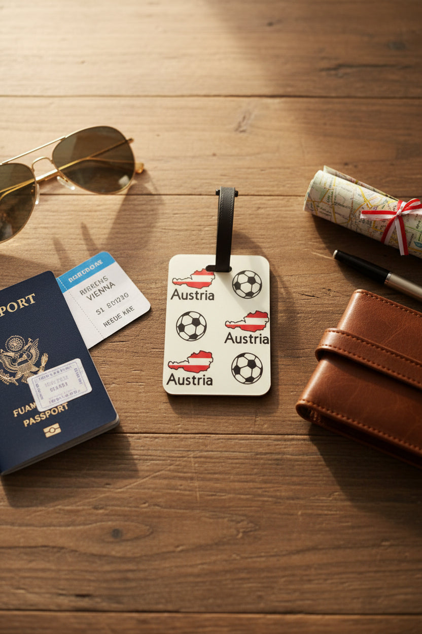 White luggage tag with soccer balls and red Austria map outlines labeled “Austria” on a wood desk with a passport, sunglasses and other travel related items. Roxzell