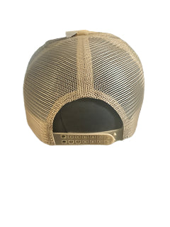 Beige cap with a bull head and feather patch on a white background.