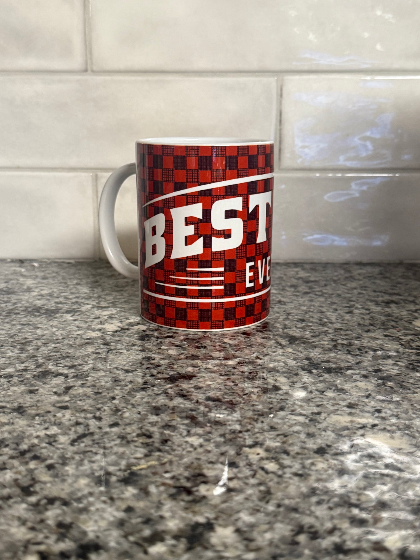 Red and Black checkered coffee mug with 'BEST DAD EVER' design.