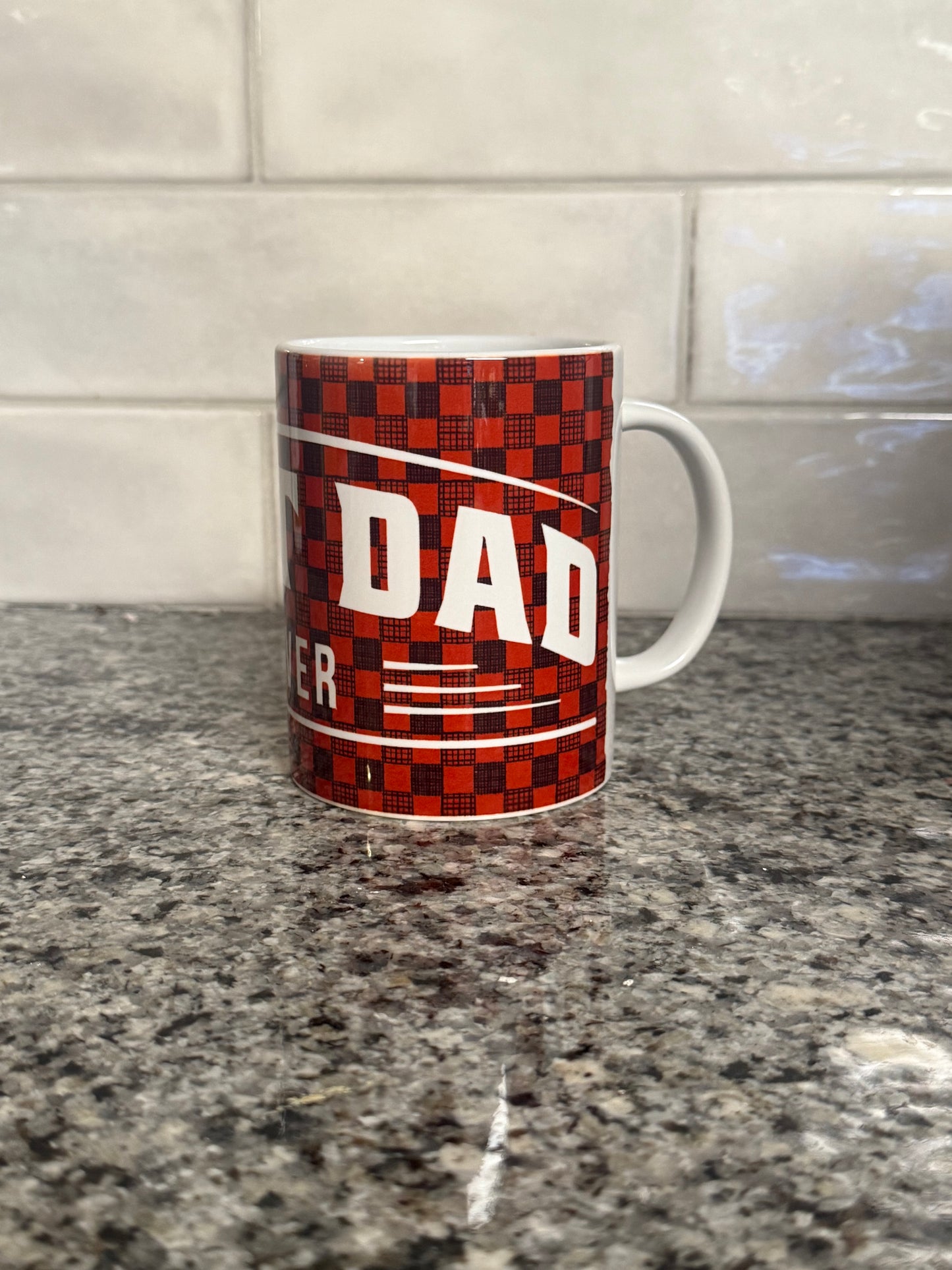 Red and Black checkered coffee mug with 'BEST DAD EVER' design.