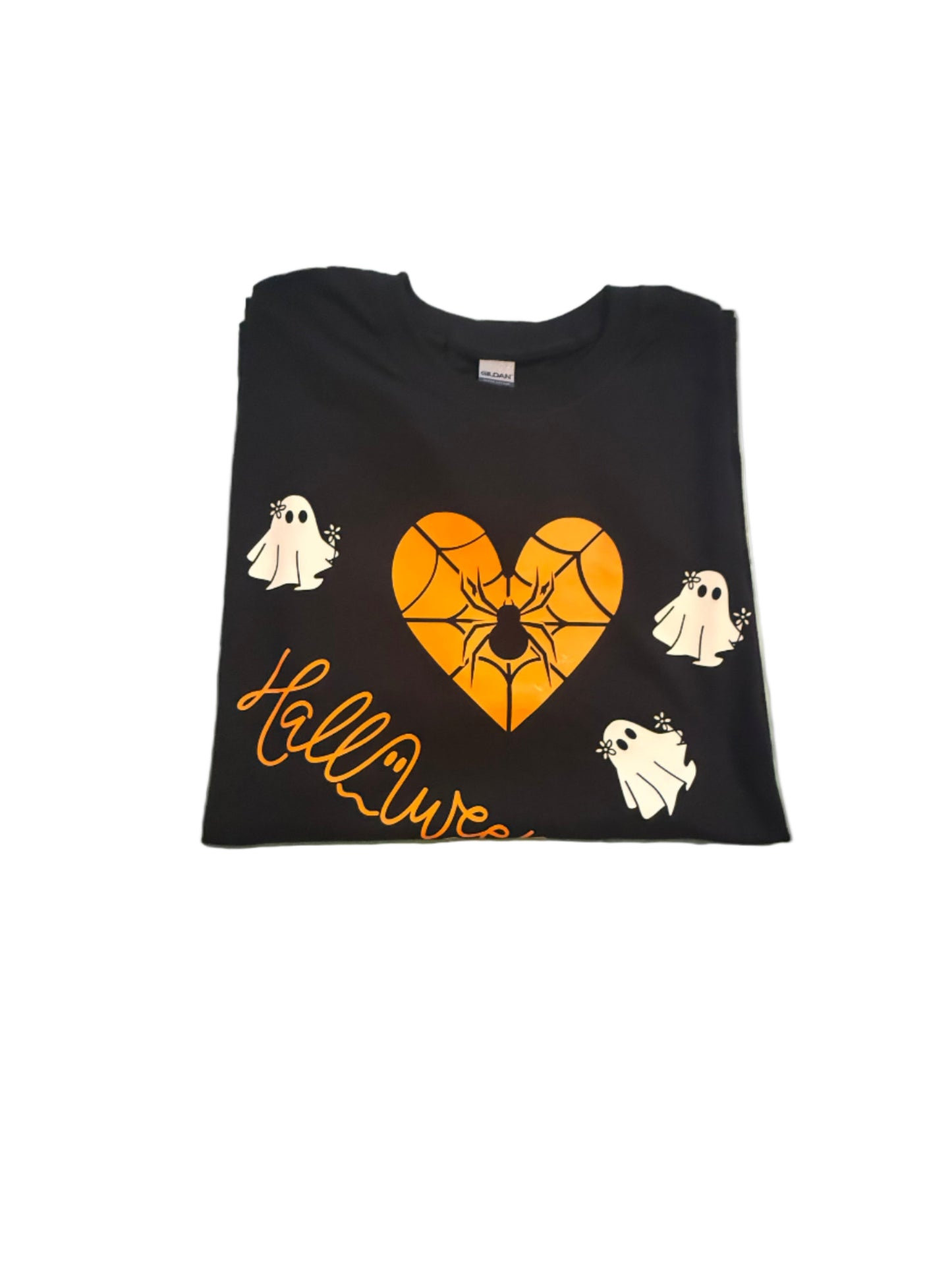 Black t-shirt with Halloween design featuring a heart, spider web, and ghosts, Roxzell