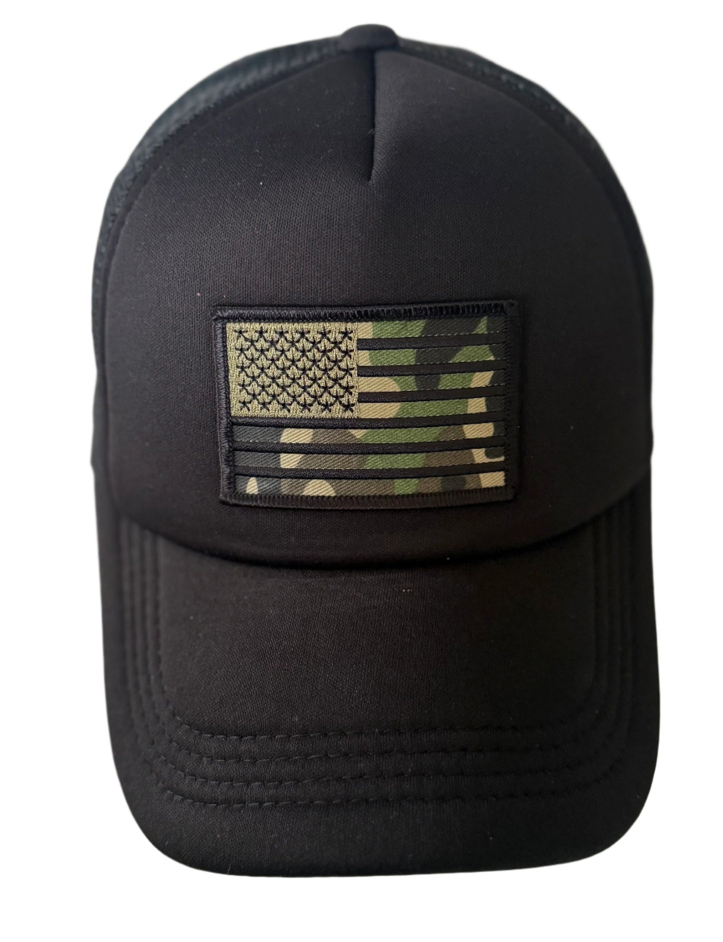 All black trucker cap with cam flag patch on the front, mesh back and adjustable snap closure.