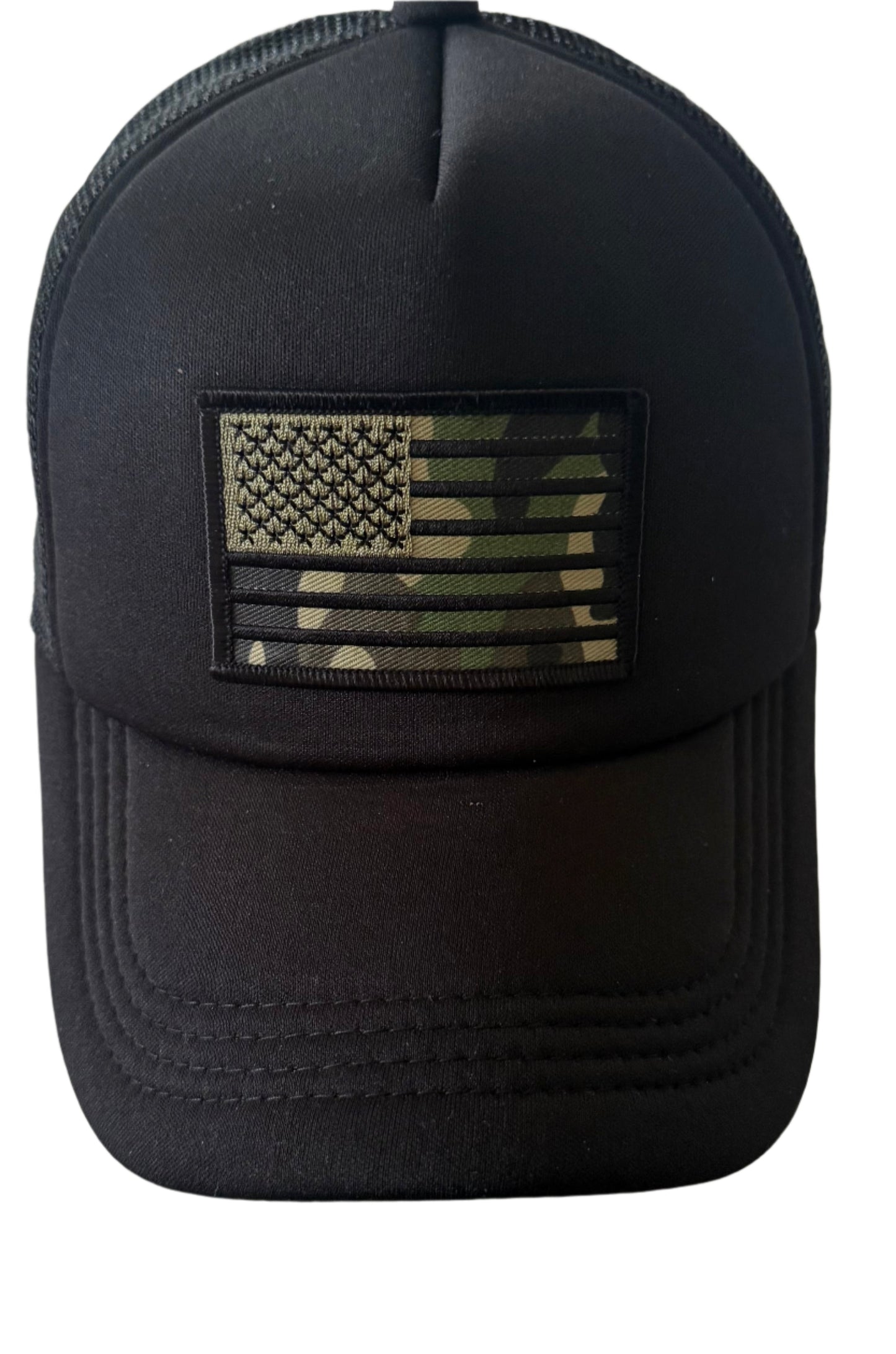 All black trucker cap with cam flag patch on the front, mesh back and adjustable snap closure.