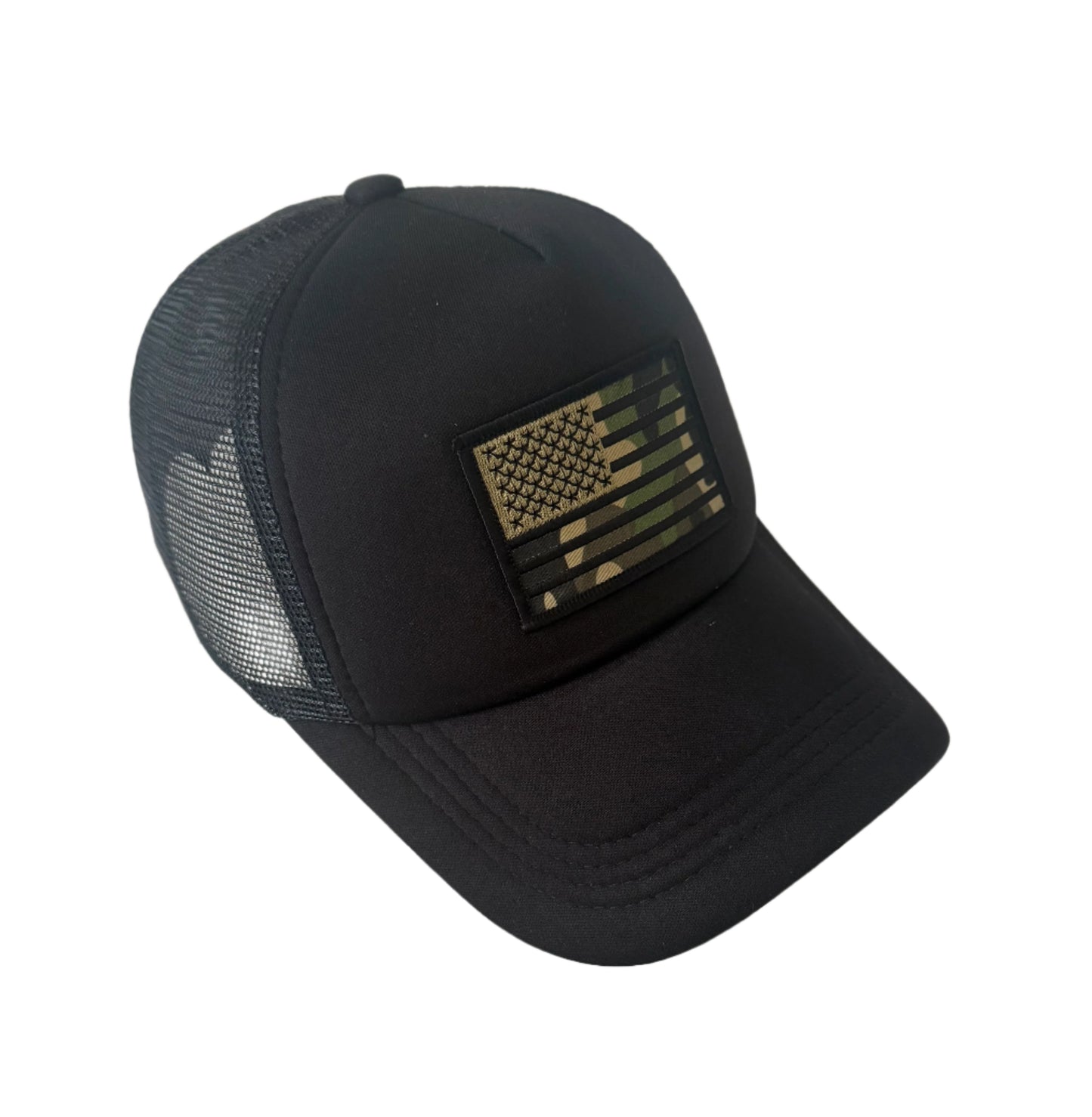All black trucker cap with cam flag patch on the front, mesh back and adjustable snap closure.