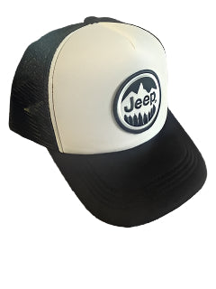 Black and white trucker cap with Jeep logo with white background.