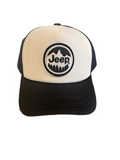 Black and white trucker cap with Jeep logo with white background.