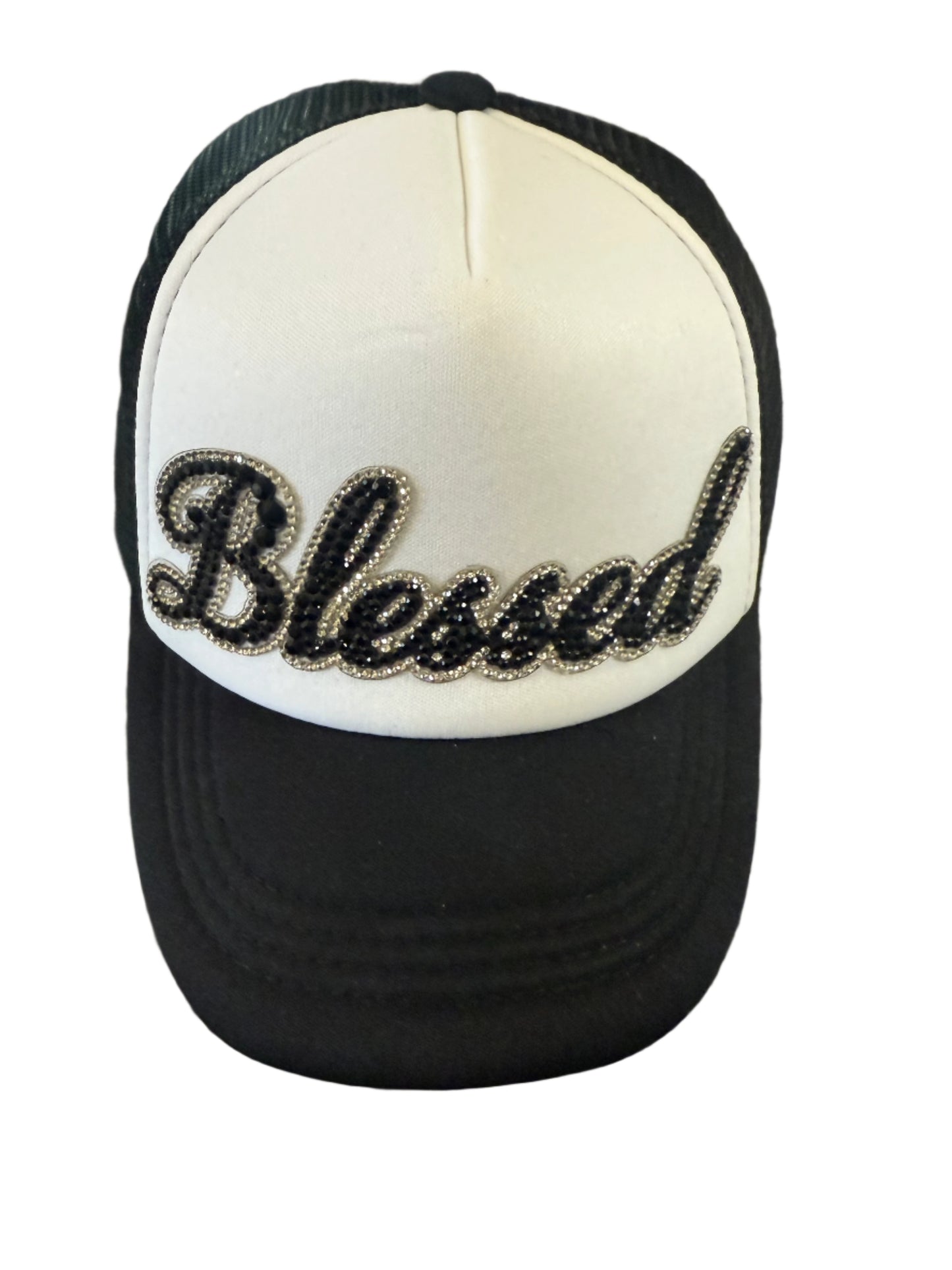 Black and white baseball cap with bejeweled "Blessed" design on the front.