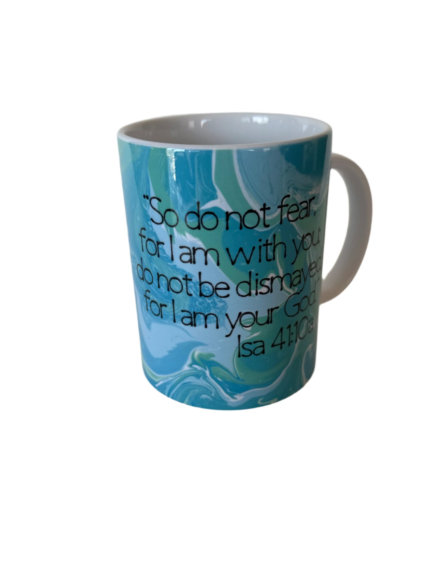 A ceramic coffee mug with a blue and white color scheme featuring scripture Isa 41:10a Roxzell