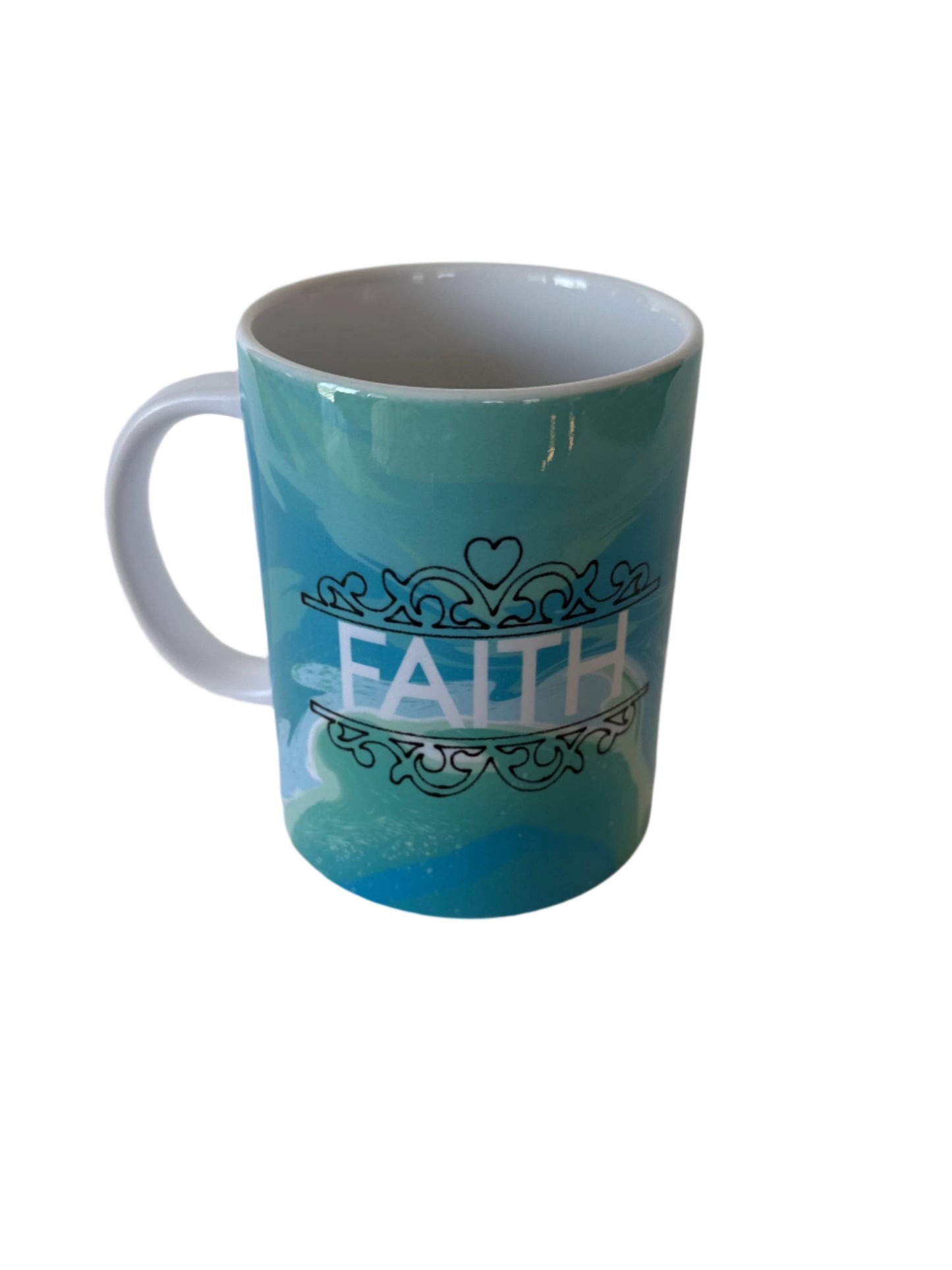 A ceramic coffee mug with a blue and white color scheme featuring the word 'FAITH' Roxzell