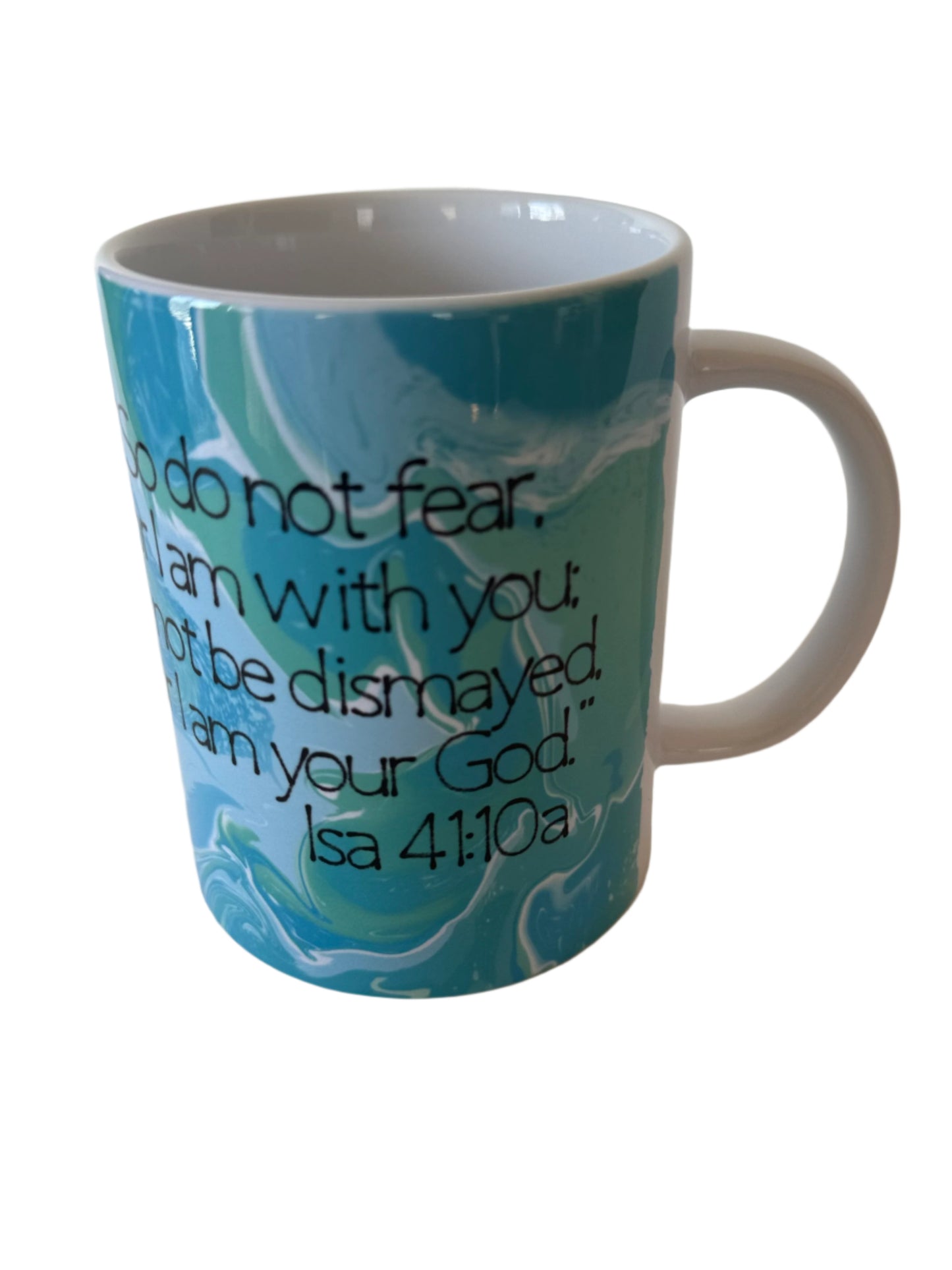 A ceramic coffee mug with a blue and white color scheme featuring scripture Isa 41:10a Roxzell