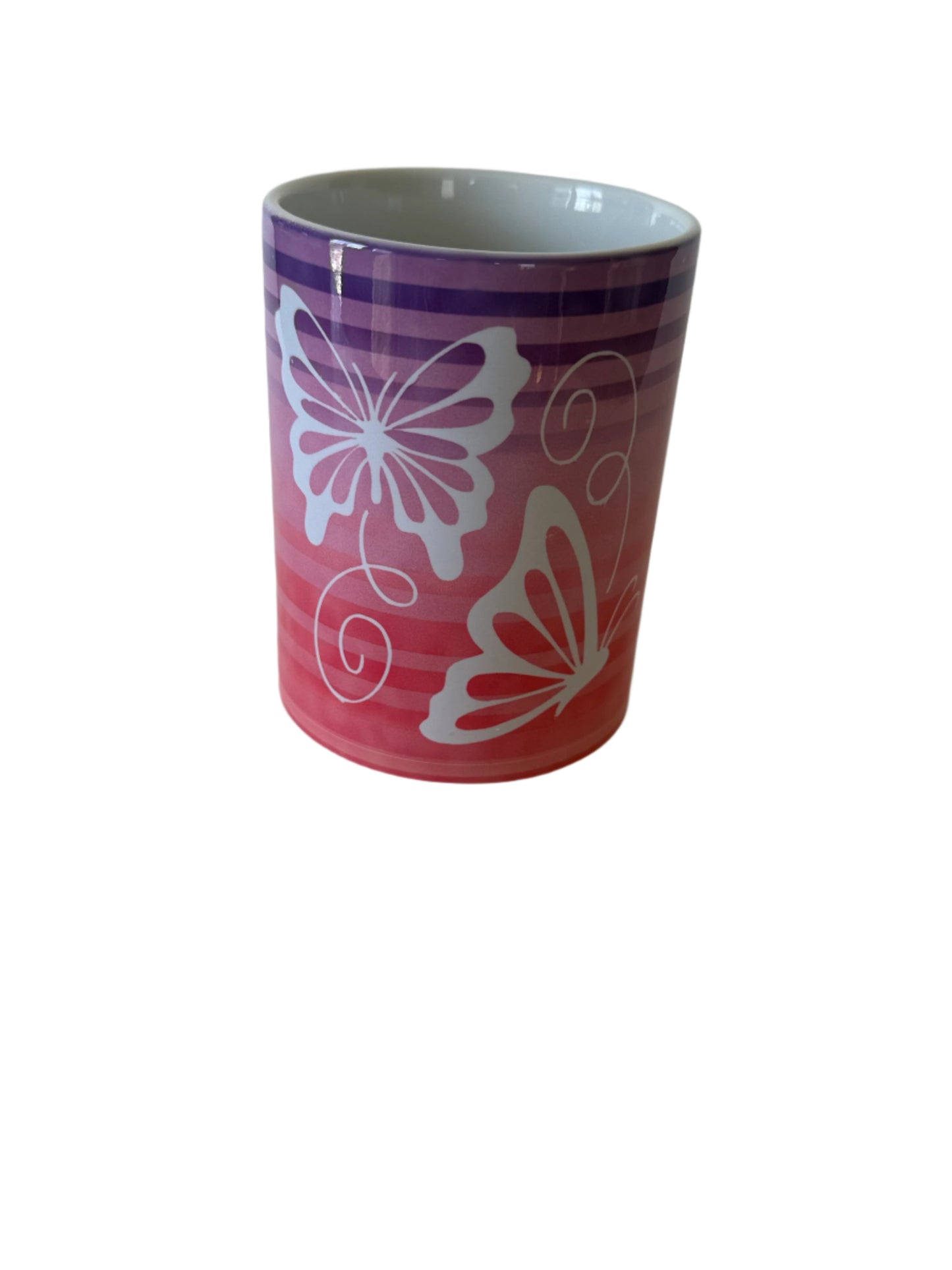 butterfly coffee mug with purple and pink stripes Roxzell