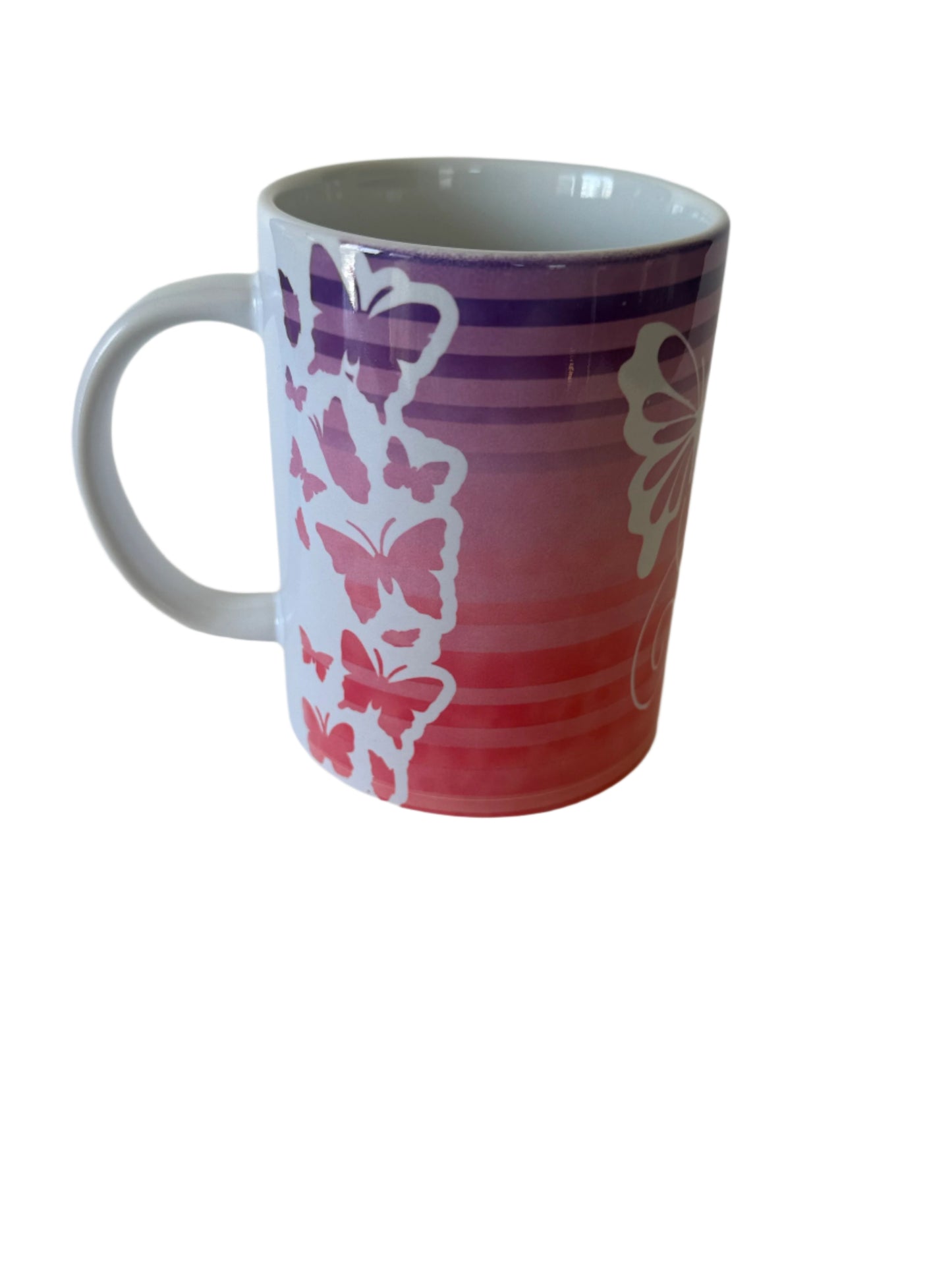 butterfly coffee mug with purple and pink stripes Roxzell