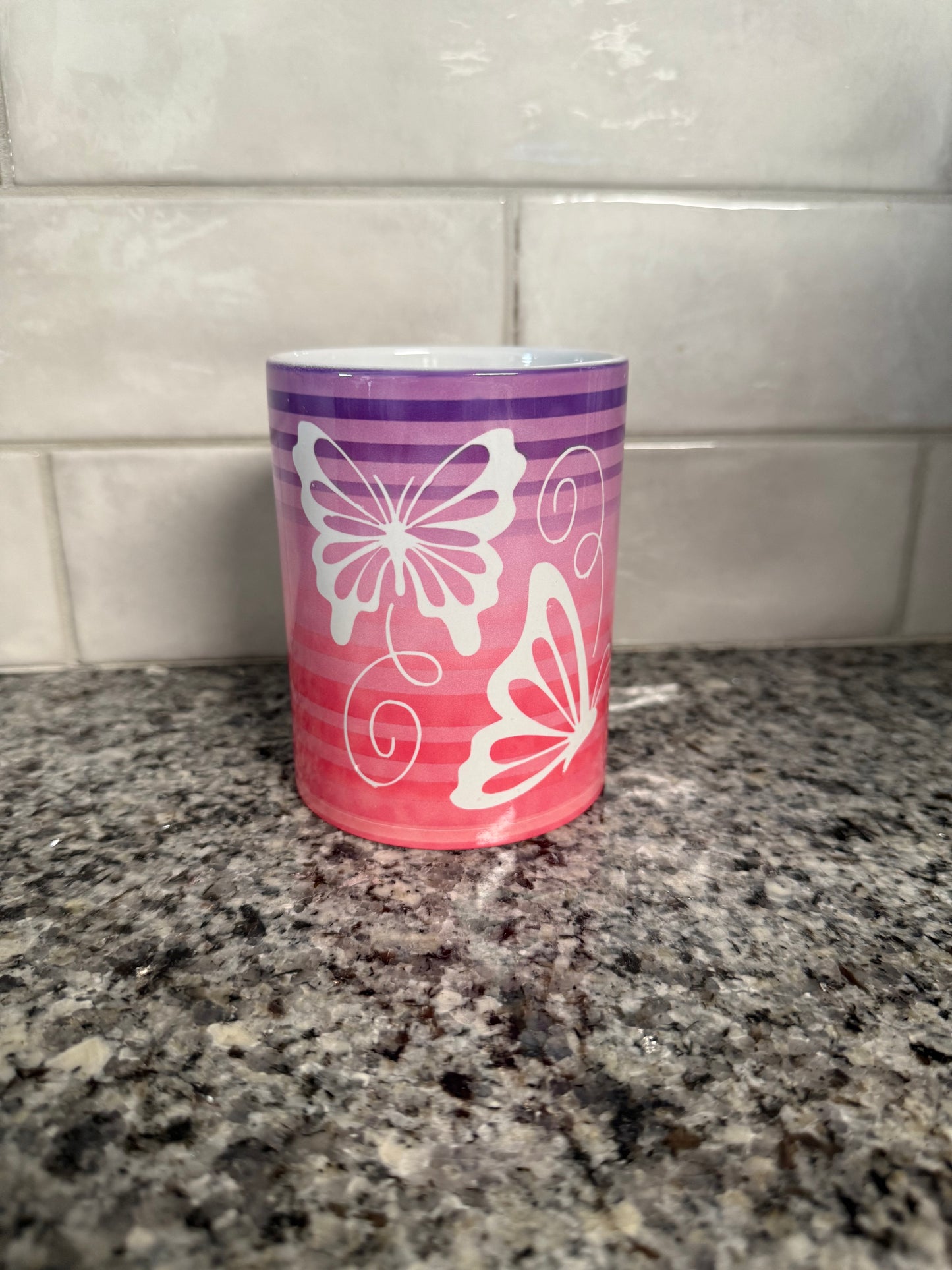 butterfly coffee mug with purple and pink stripes Roxzell