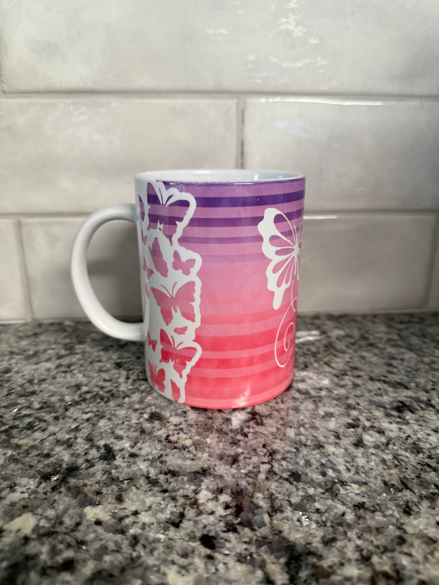butterfly coffee mug with purple and pink stripes Roxzell