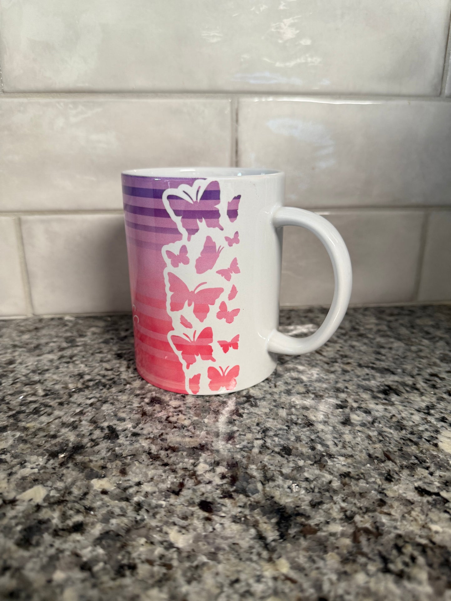 butterfly coffee mug with purple and pink stripes Roxzell
