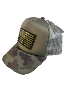 Camo baseball cap with camo flag patch on the front.