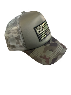 Camo baseball cap with camo flag patch on the front.