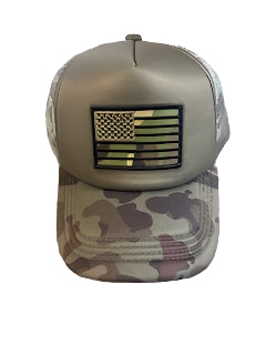 Camo baseball cap with camo flag patch on the front.