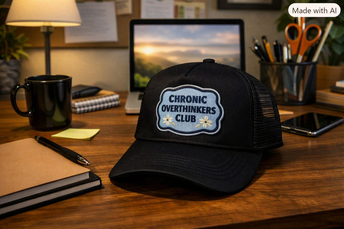 Black Trucker Cap with light blue Chronic Overthinkers Club patch on a desk with mug, phone, computer and other supplies. Roxzell