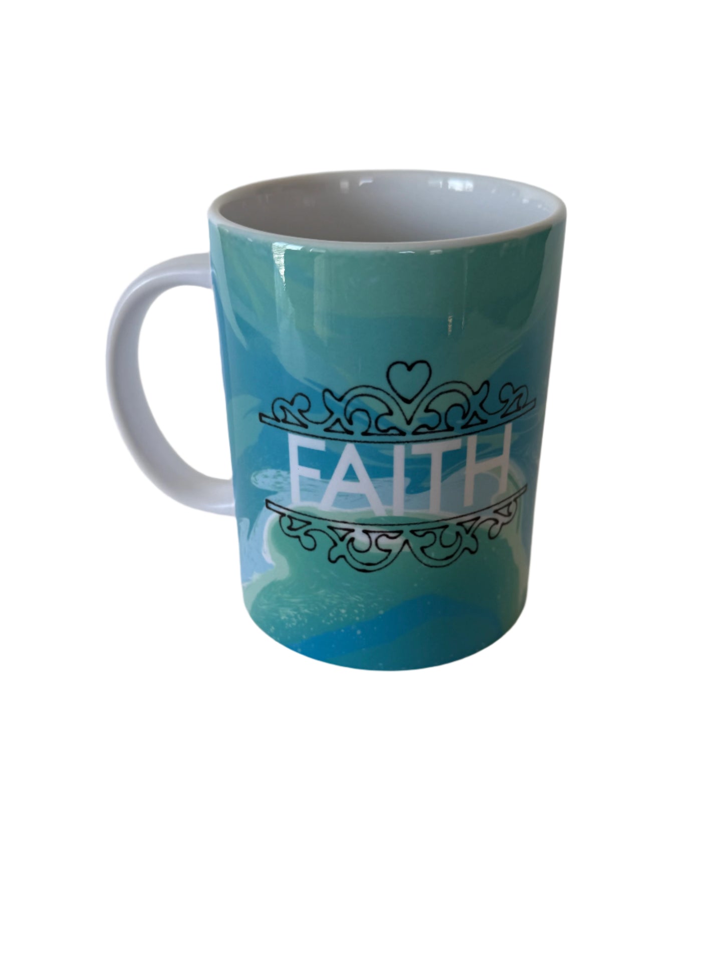 A ceramic coffee mug with a blue and white color scheme featuring the word 'FAITH' Roxzell