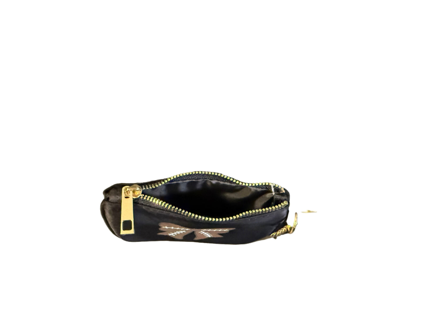 Inside view of Black coin Purse with football designed bow and gold d-ring chain.