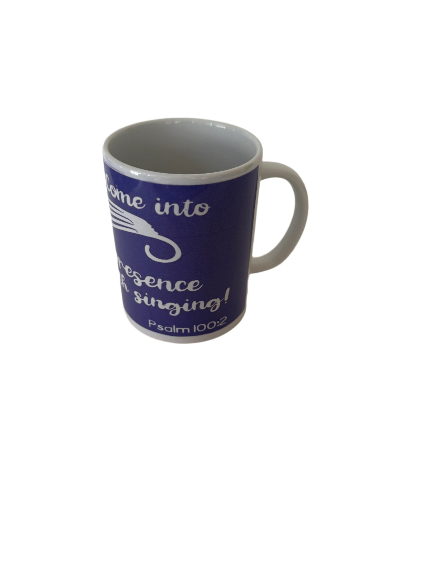 A ceramic mug with Psalm 100:2 scripture 'Come into His Presence with Singing' in white lettering against a purple background, featuring musical notes Roxzell