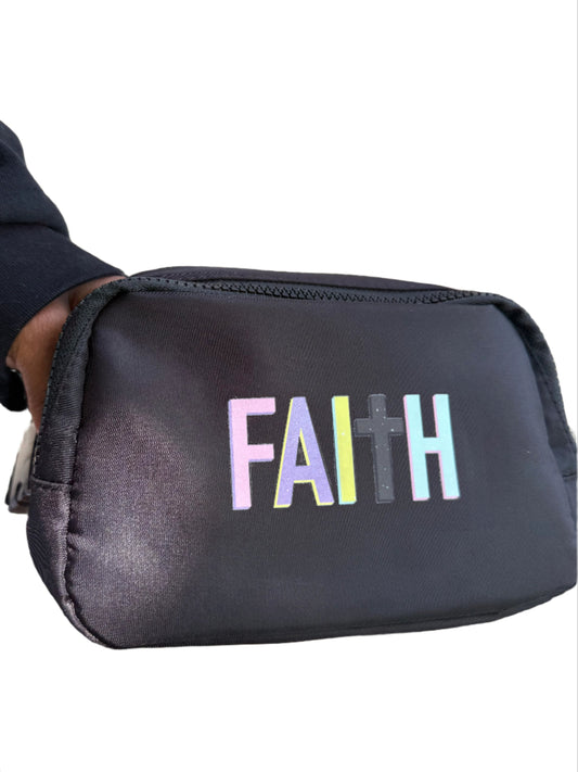 Black Inspirational belt bag with "Faith" design on the front.