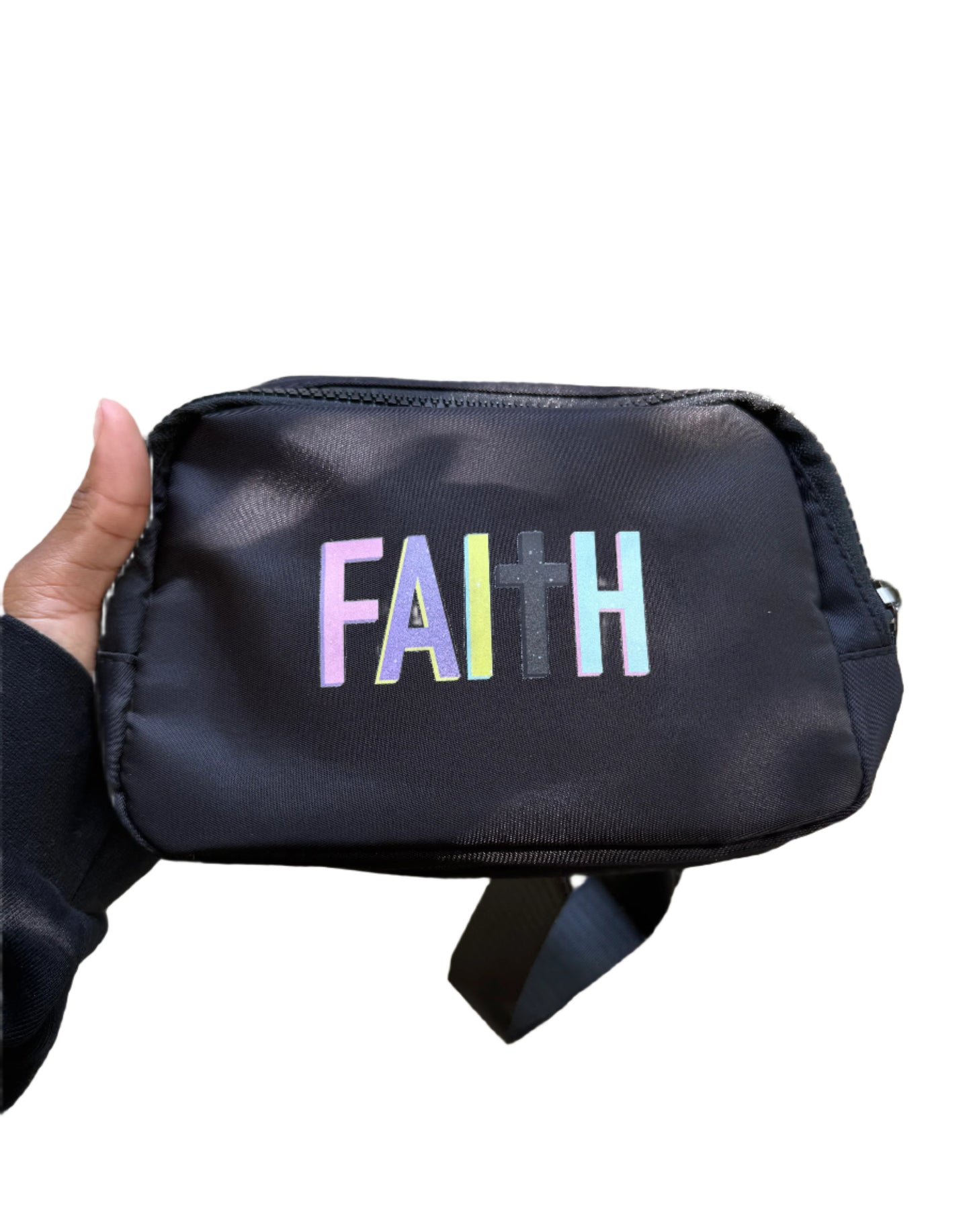 Black Inspirational Fanny Pack, shoulder/belt bag, crossbody with "Faith" design on the front.