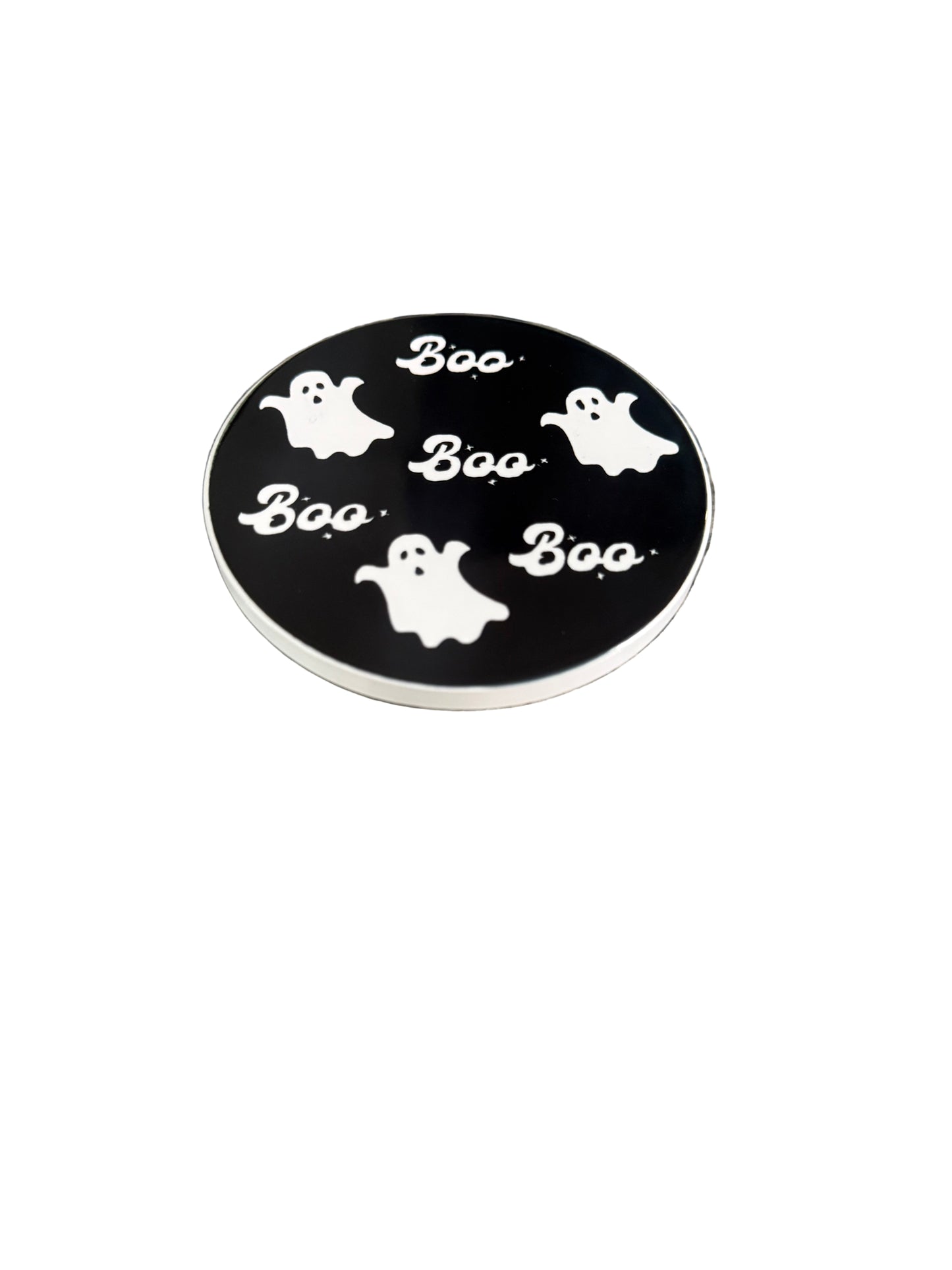 Black and white Halloween themed drink coaster with ghost and the word "Boo", Roxzell