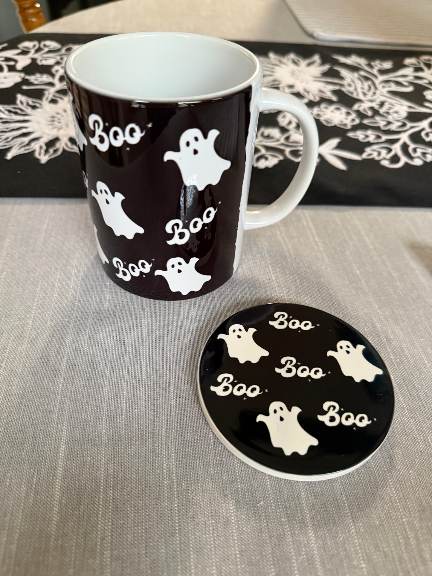 Black and white Halloween mug with Ghost and "Boo" text design with matching coaster, Roxzell