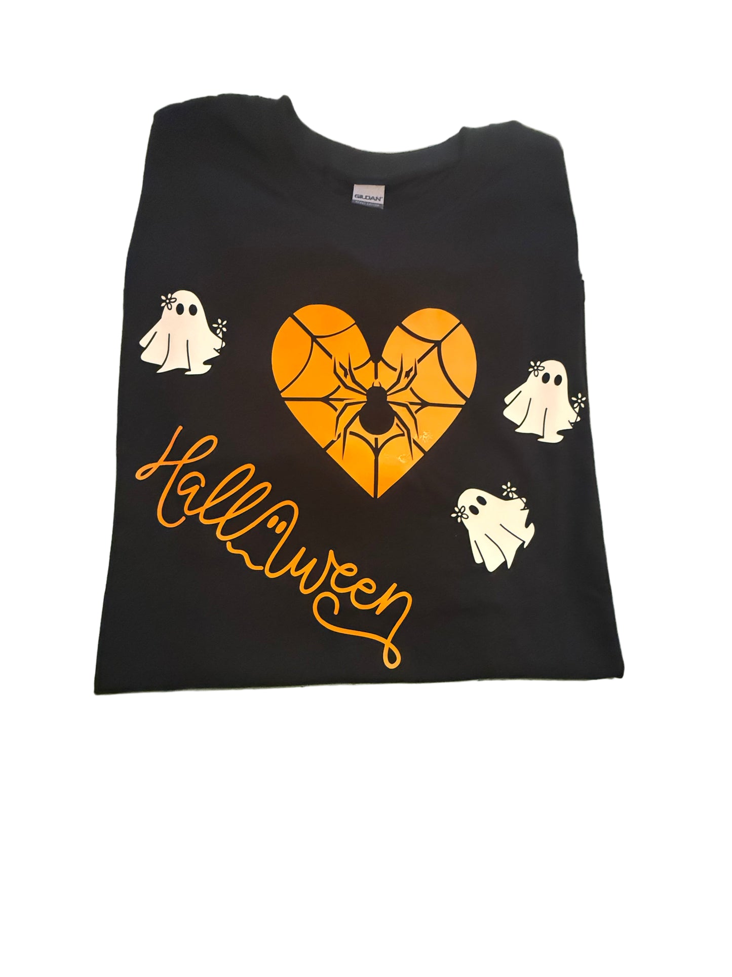Black t-shirt with Halloween design featuring a heart, spider web, and ghosts, Roxzell