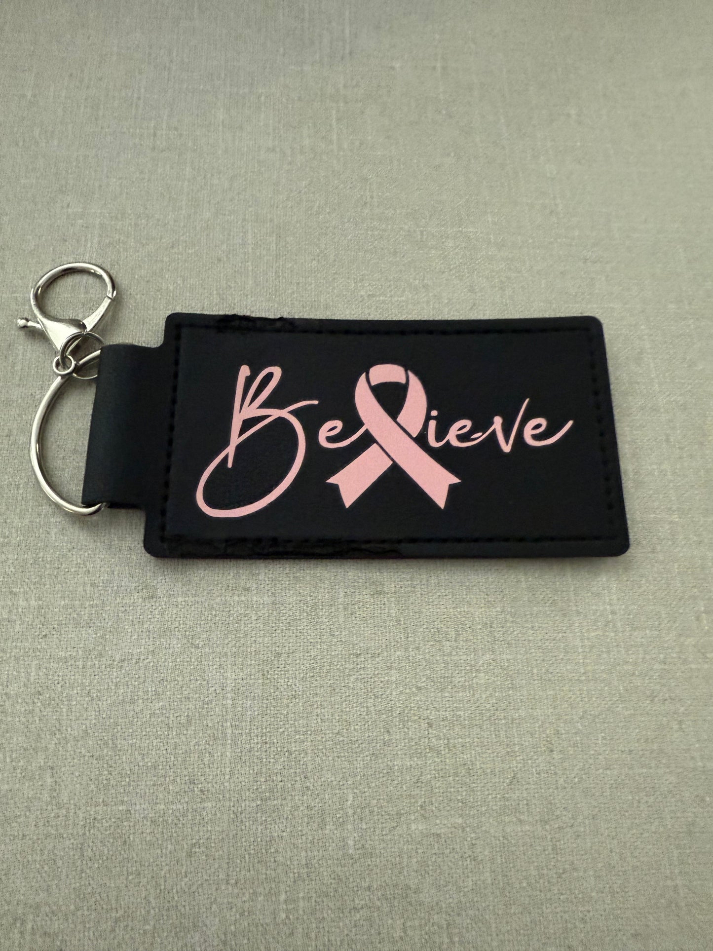 Leather Keychain - Pink Ribbon - "Believe"