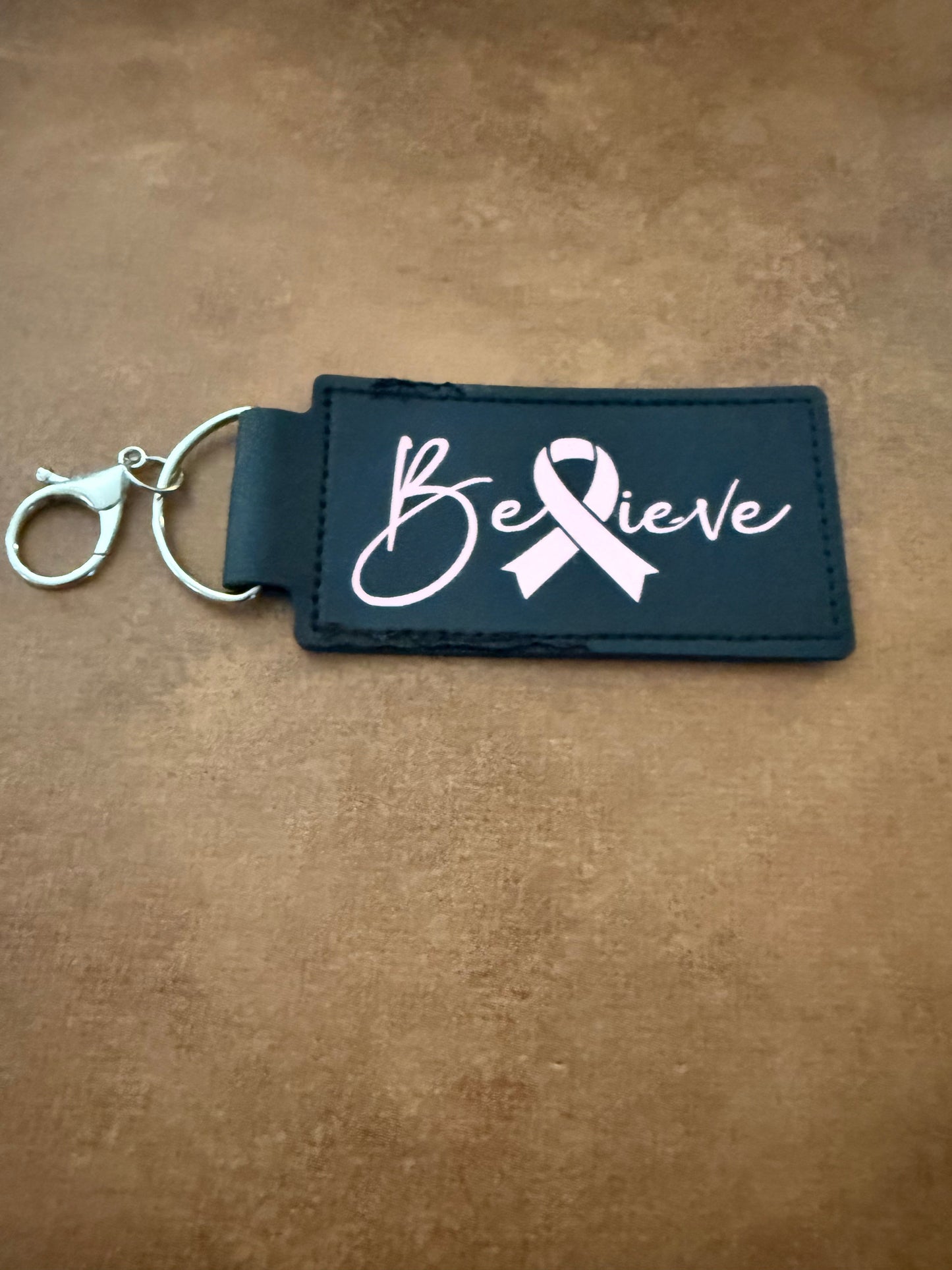 Leather Keychain - Pink Ribbon - "Believe"