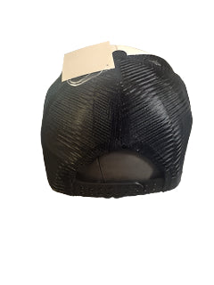 Back view of black and white Jeep trucker cap.