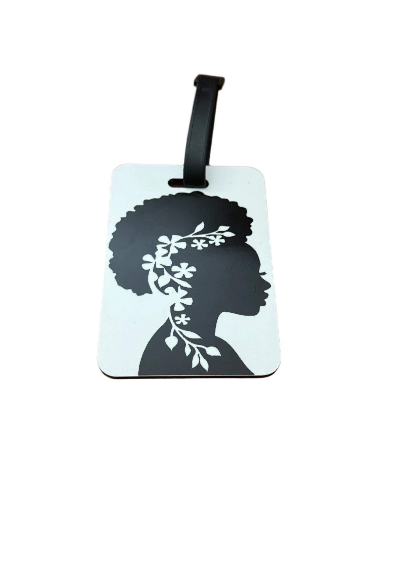 Luggage tag with African American Woman design on white background.