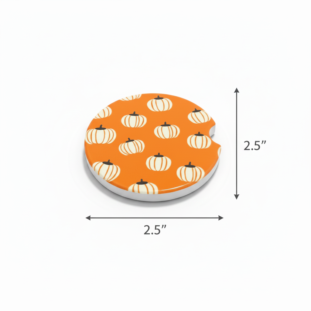 A round car coaster with a Halloween pumpkin pattern in orange, white, and black, shown with dimension arrows indicating a 2.5-inch width and height on a white background. Roxzell