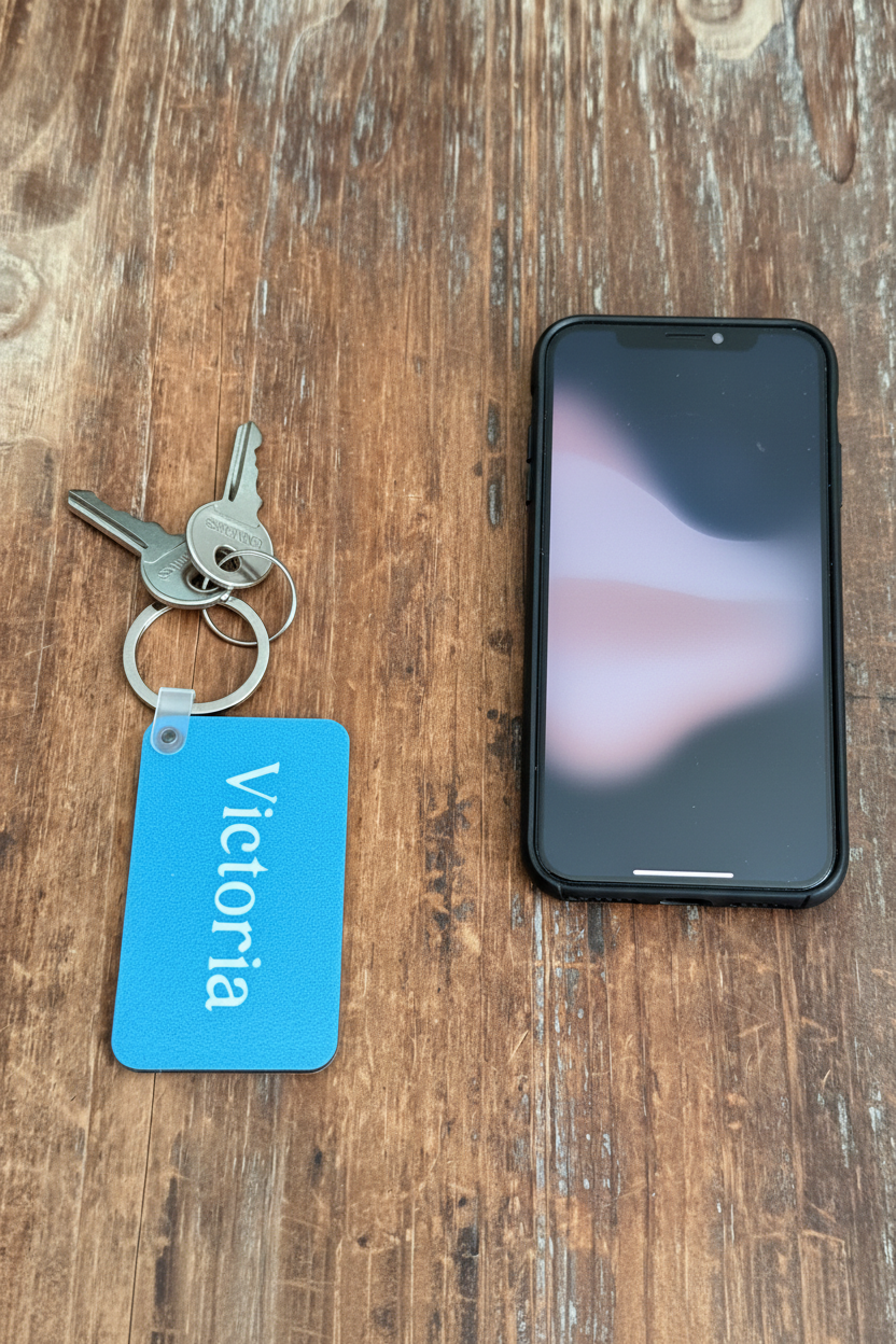 A personalized blue Victoria keychain beside a black cell phone on a wood surface. Roxzell