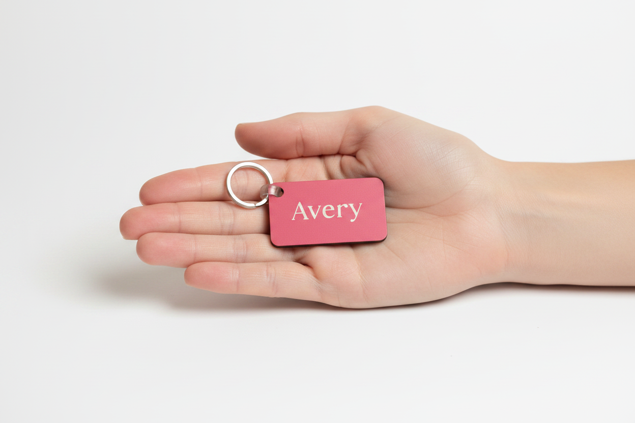A pink rectangular key tag with rounded corners featuring the white vertical text 'Avery' and attached to a silver metal split ring, shown in a person's hand. Roxzell