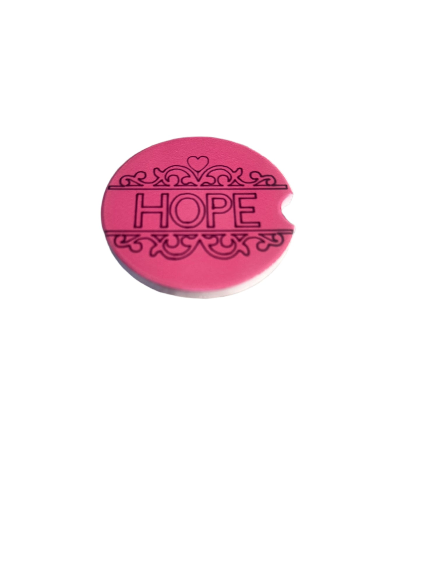 Pink car coaster with 'HOPE' text on a white background