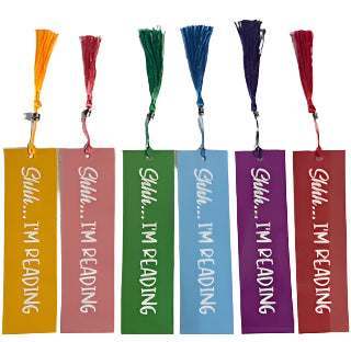 Colorful bookmarks with 'Shhh... I'm Reading' text on a white background