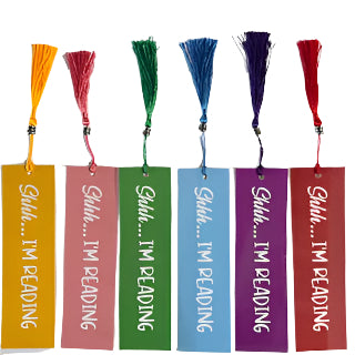 Set of colorful bookmarks with 'Shhh... I'm Reading' text on a white background