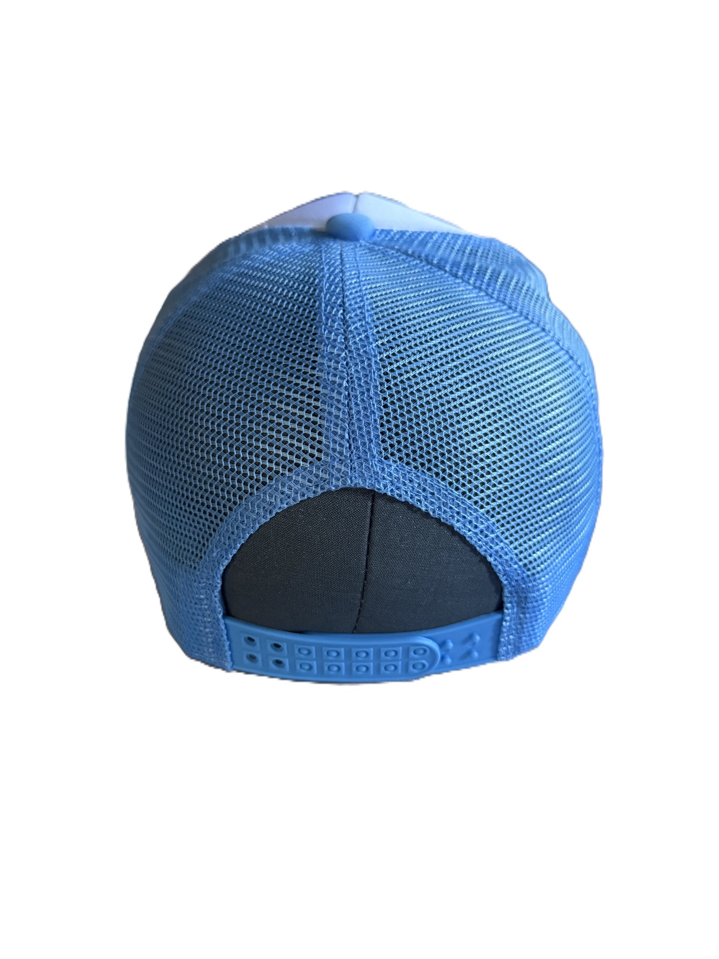 The back view of a blue trucker hat with a mesh back and adjustable snapback closure, isolated on a white background.