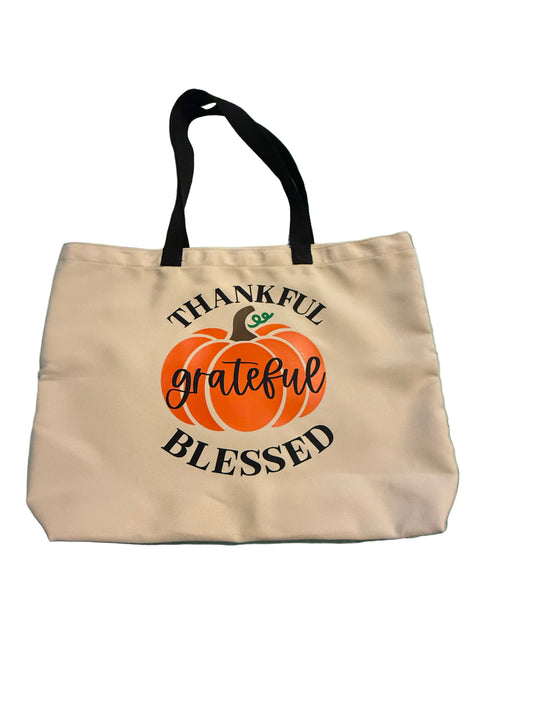 Fall tote bag with 'Thankful Grateful Blessed' over a pumpkin, black strap Roxzell