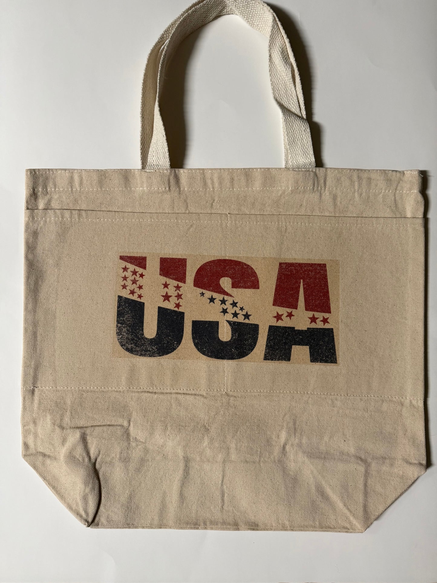 Close-up of the USA graphic featuring red and blue lettering with star details printed on canvas, Roxzell