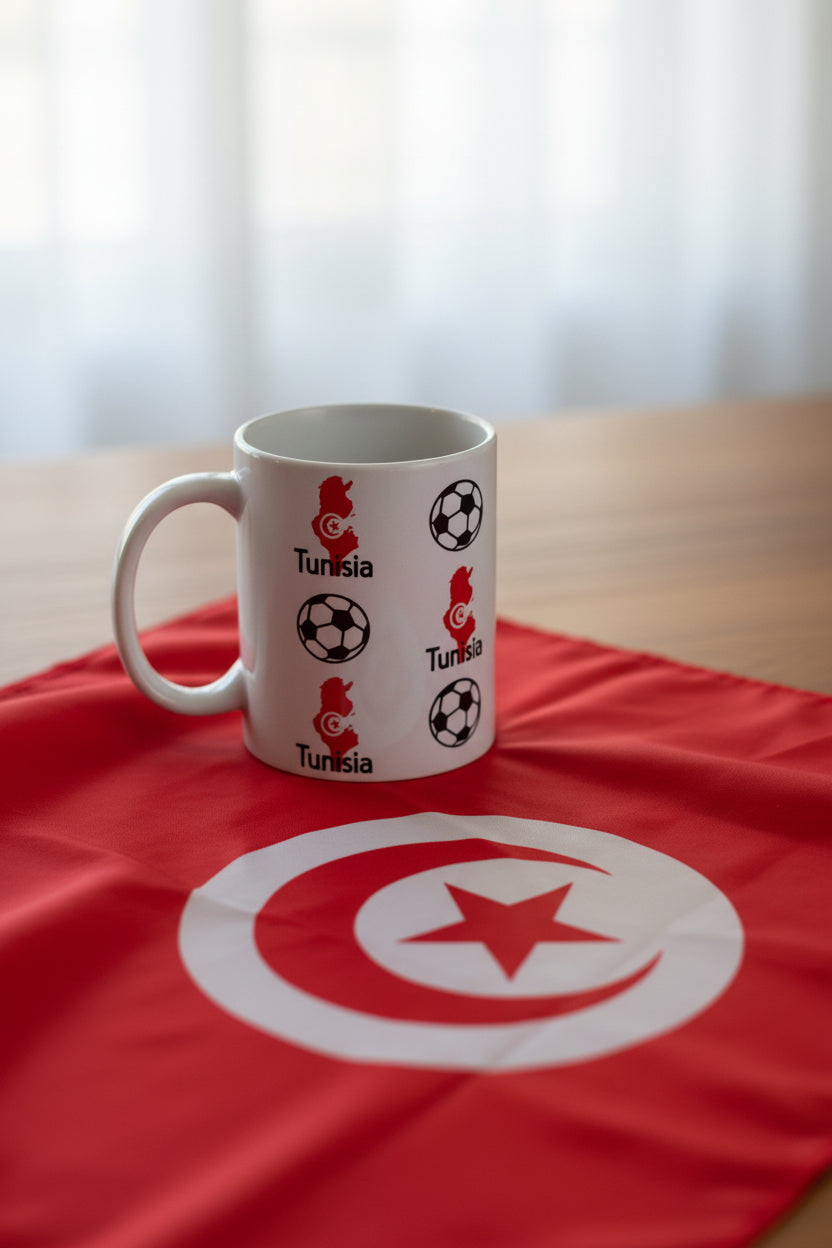 White ceramic mug decorated with red Tunisia map outlines and soccer balls on a Tunisia banner on a table, perfect for North African sports supporters. Roxzell