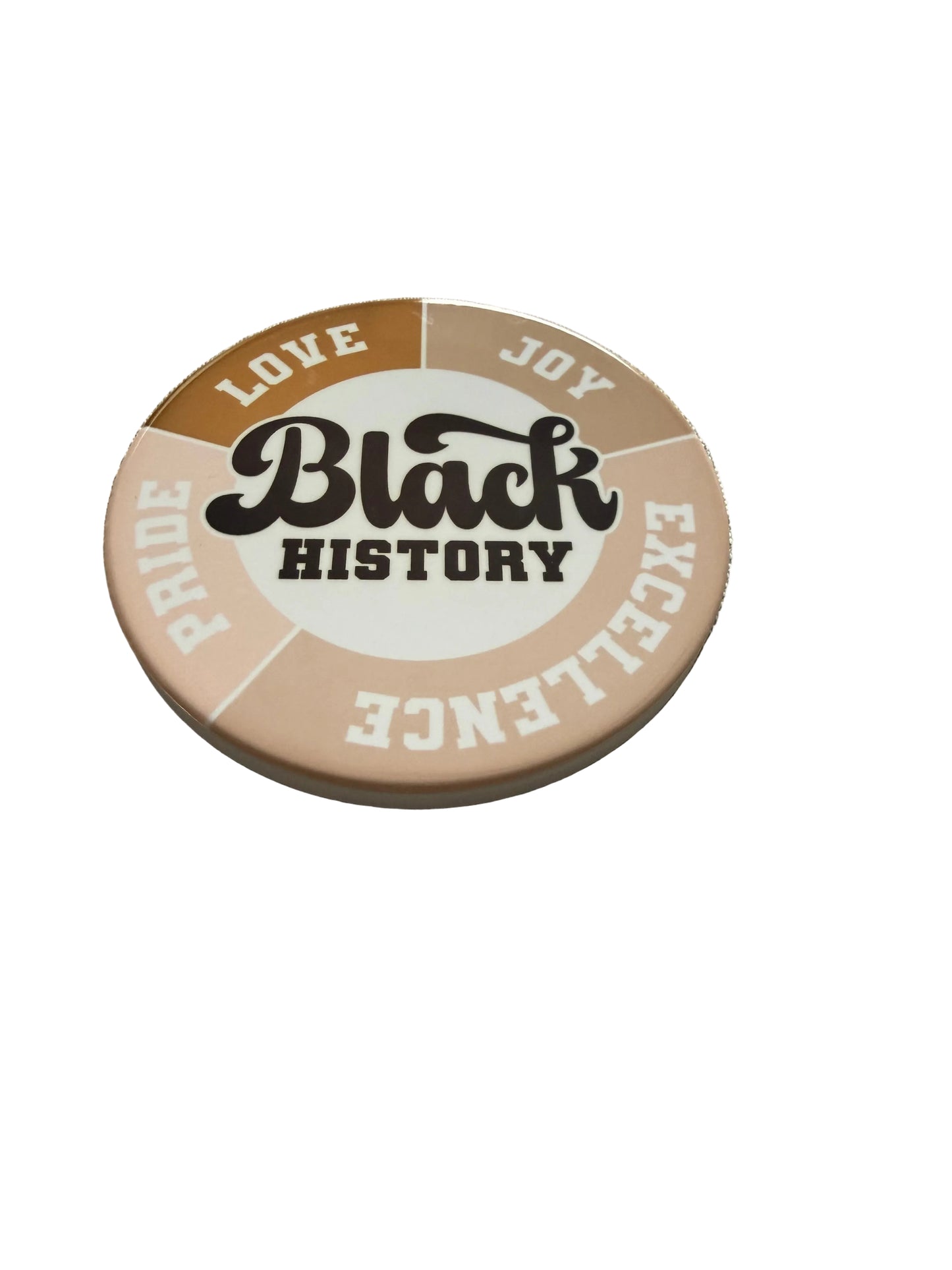 Close-up of coaster showing “Black HISTORY” and words LOVE, JOY, EXCELLENCE, PRIDE, Roxzell