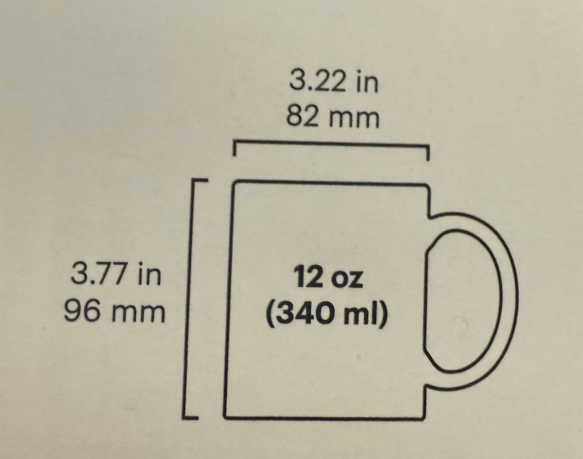 Measurement chart of a 12 oz mug with dimensions in inches and millimeters
